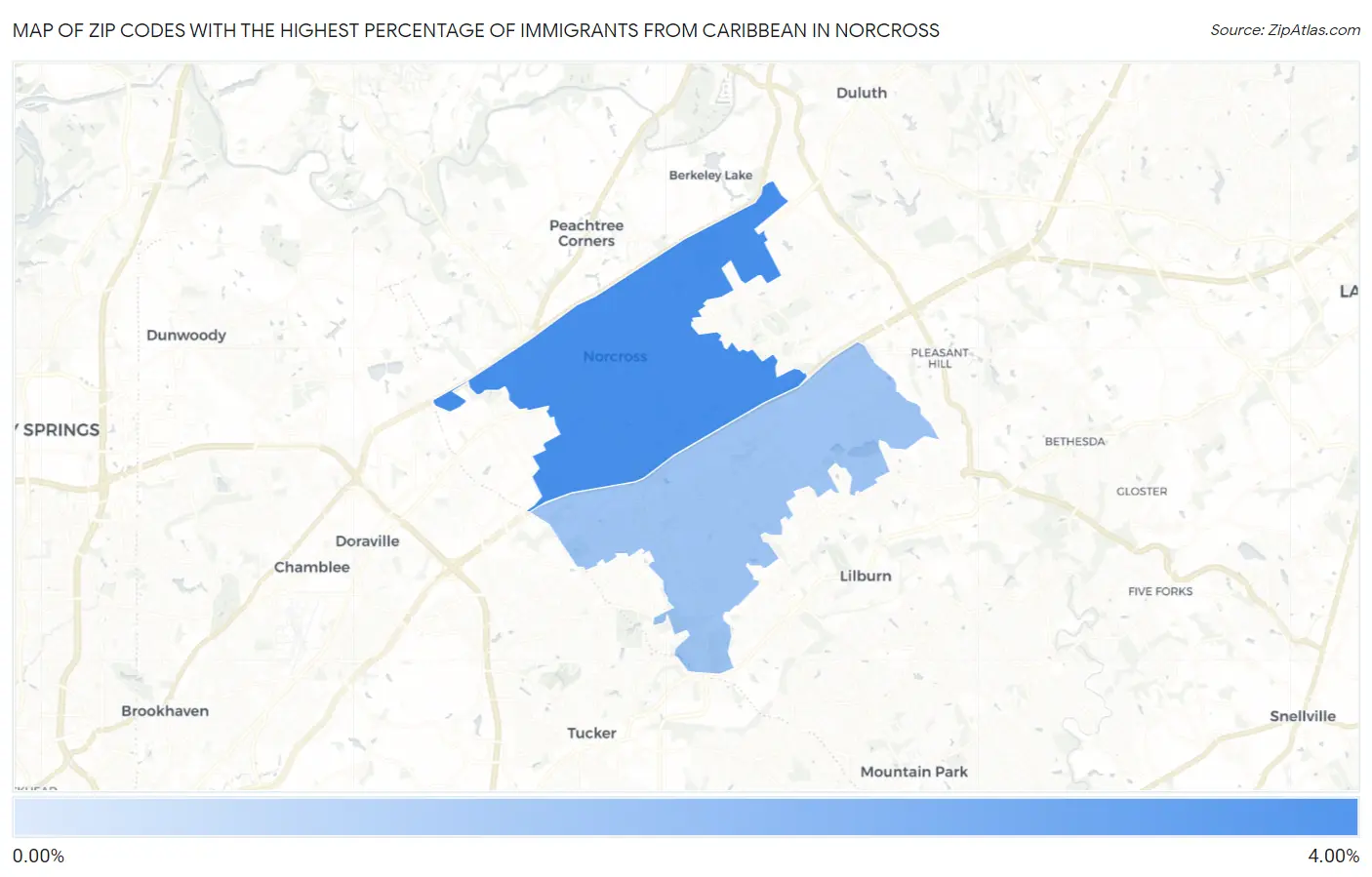 Zip Codes with the Highest Percentage of Immigrants from Caribbean in Norcross Map