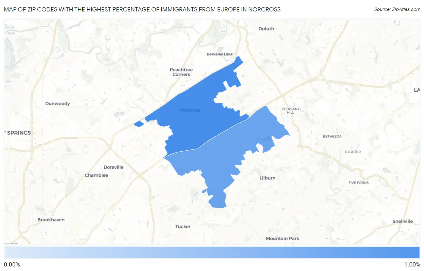 Zip Codes with the Highest Percentage of Immigrants from Europe in Norcross Map