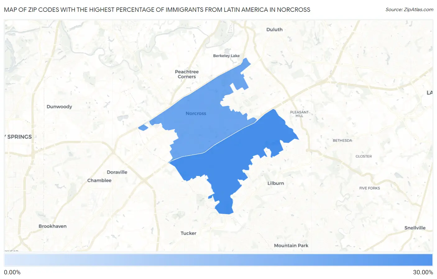 Zip Codes with the Highest Percentage of Immigrants from Latin America in Norcross Map