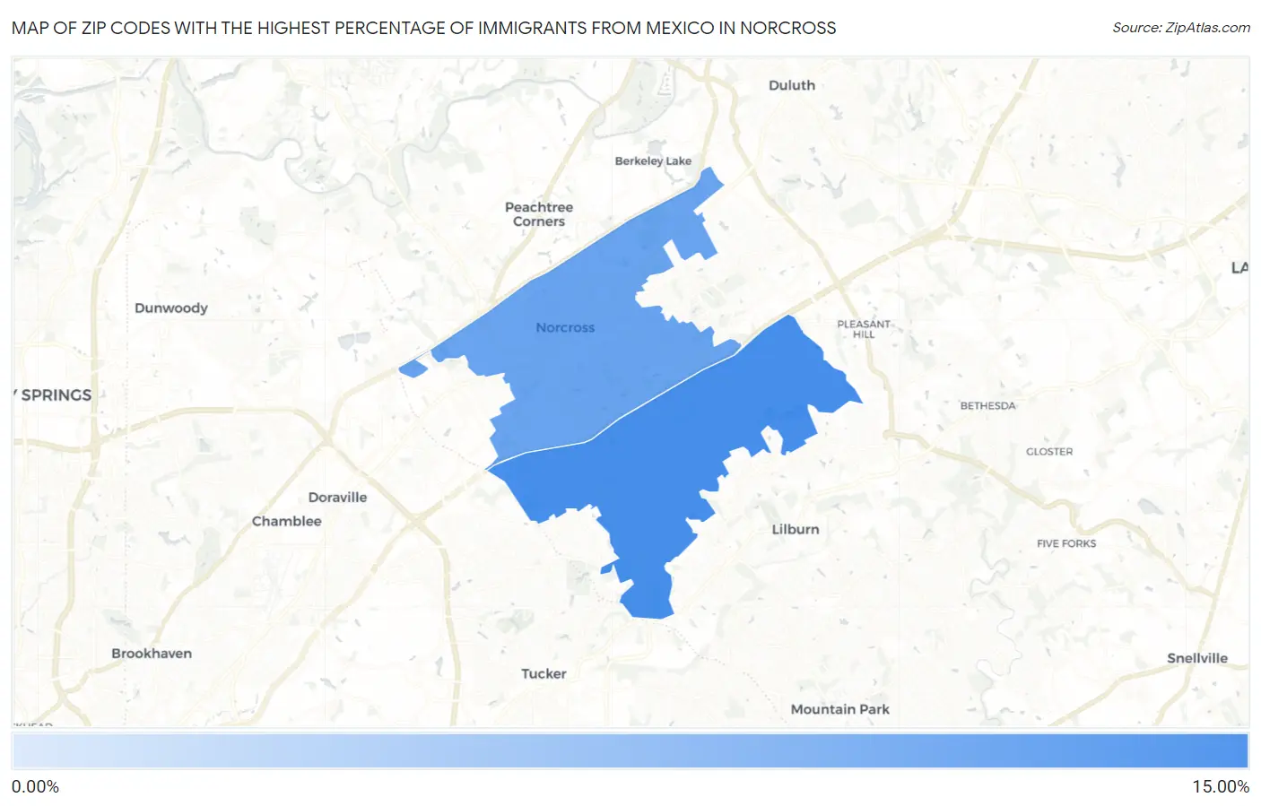 Zip Codes with the Highest Percentage of Immigrants from Mexico in Norcross Map