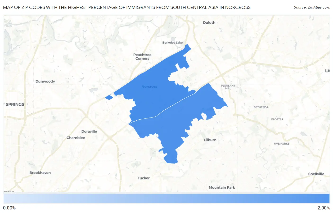 Zip Codes with the Highest Percentage of Immigrants from South Central Asia in Norcross Map