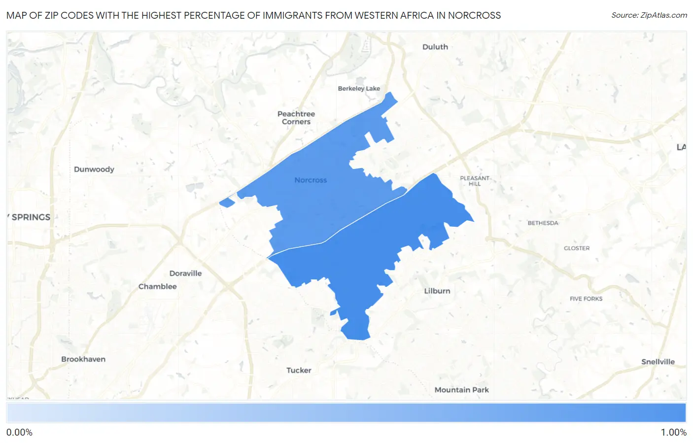 Zip Codes with the Highest Percentage of Immigrants from Western Africa in Norcross Map