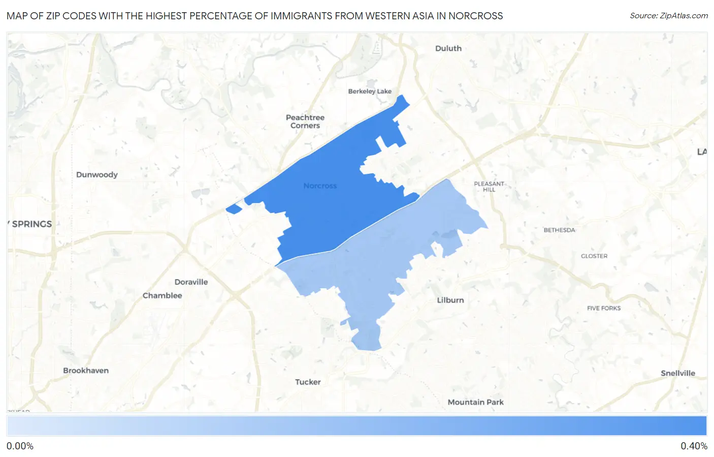 Zip Codes with the Highest Percentage of Immigrants from Western Asia in Norcross Map