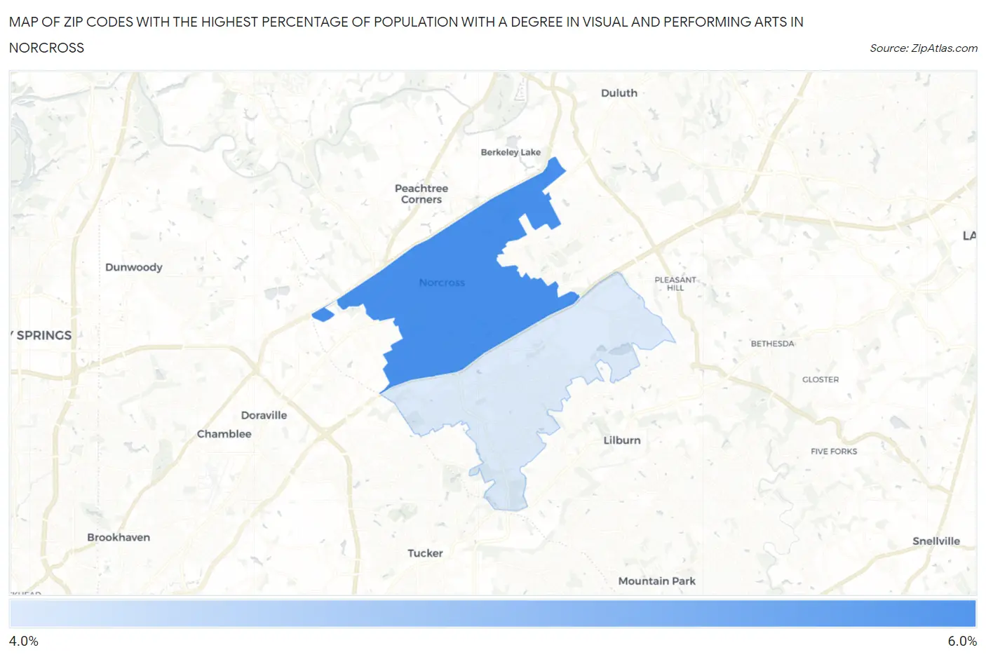 Zip Codes with the Highest Percentage of Population with a Degree in Visual and Performing Arts in Norcross Map