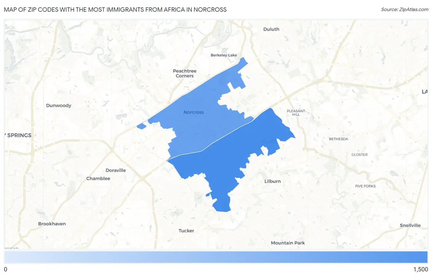 Zip Codes with the Most Immigrants from Africa in Norcross Map