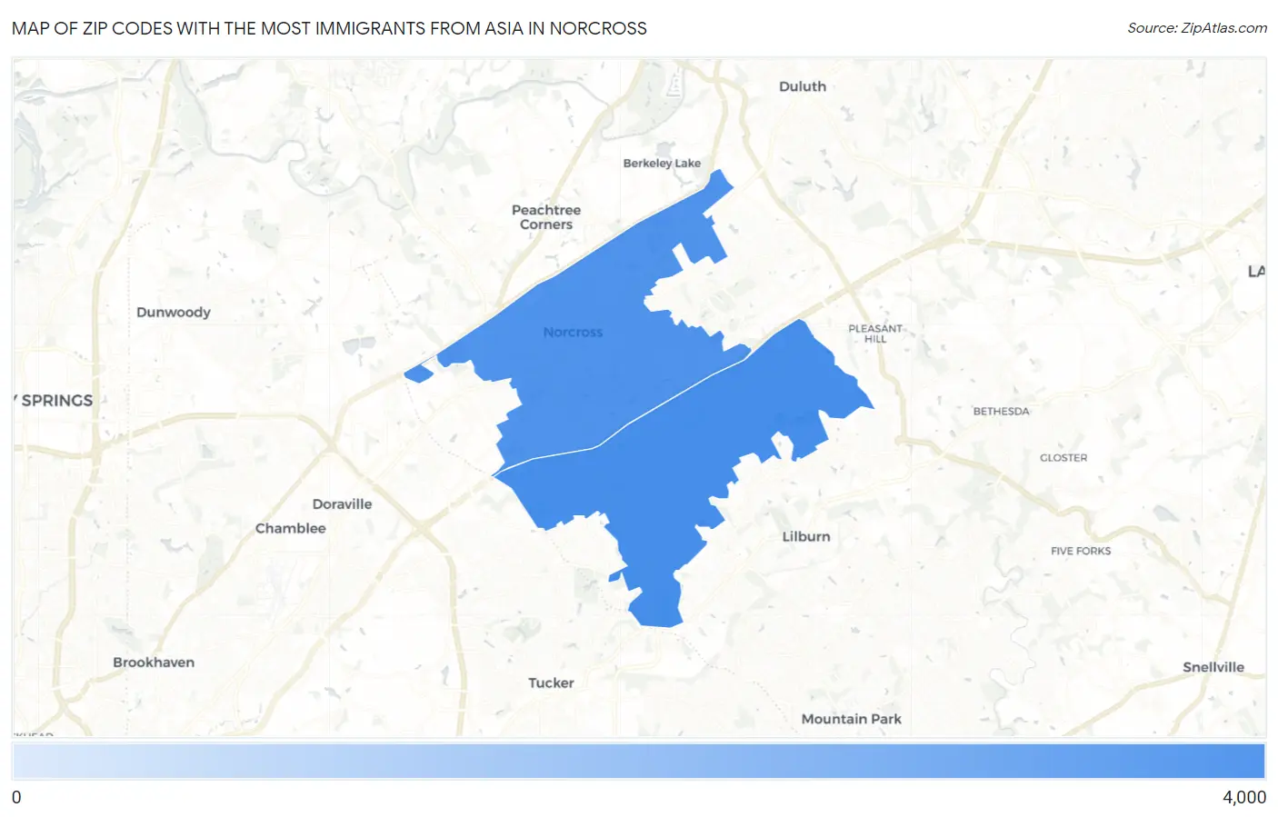 Zip Codes with the Most Immigrants from Asia in Norcross Map