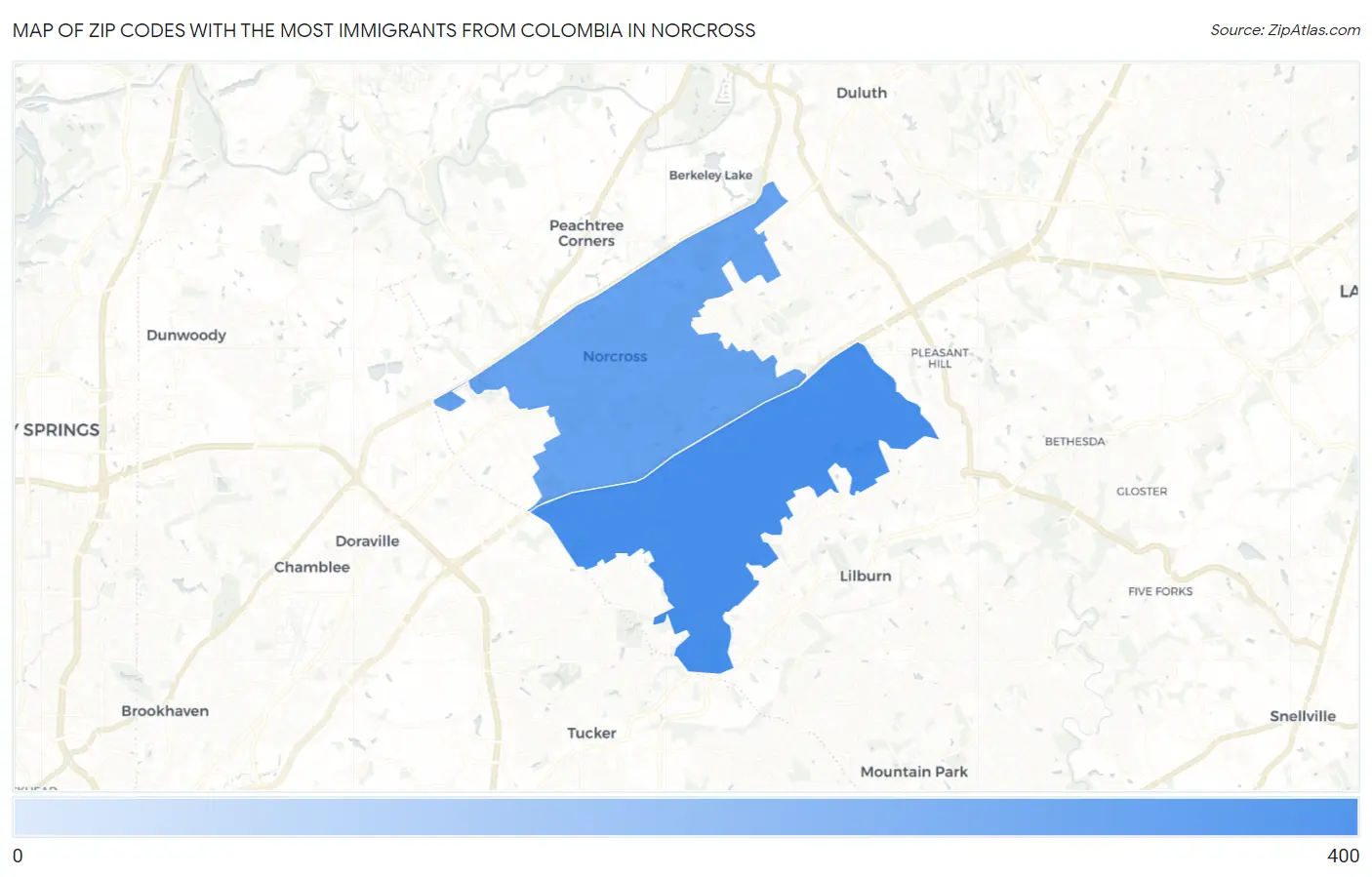 Zip Codes with the Most Immigrants from Colombia in Norcross Map
