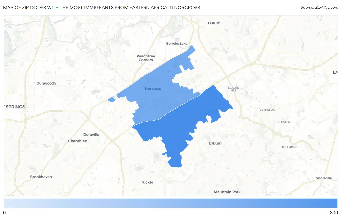 Zip Codes with the Most Immigrants from Eastern Africa in Norcross Map