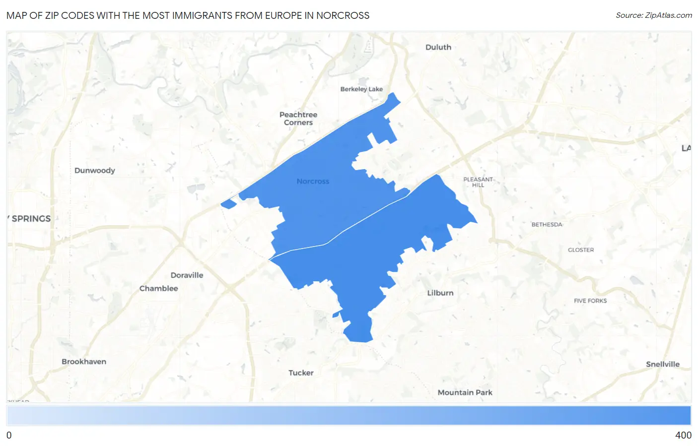 Zip Codes with the Most Immigrants from Europe in Norcross Map