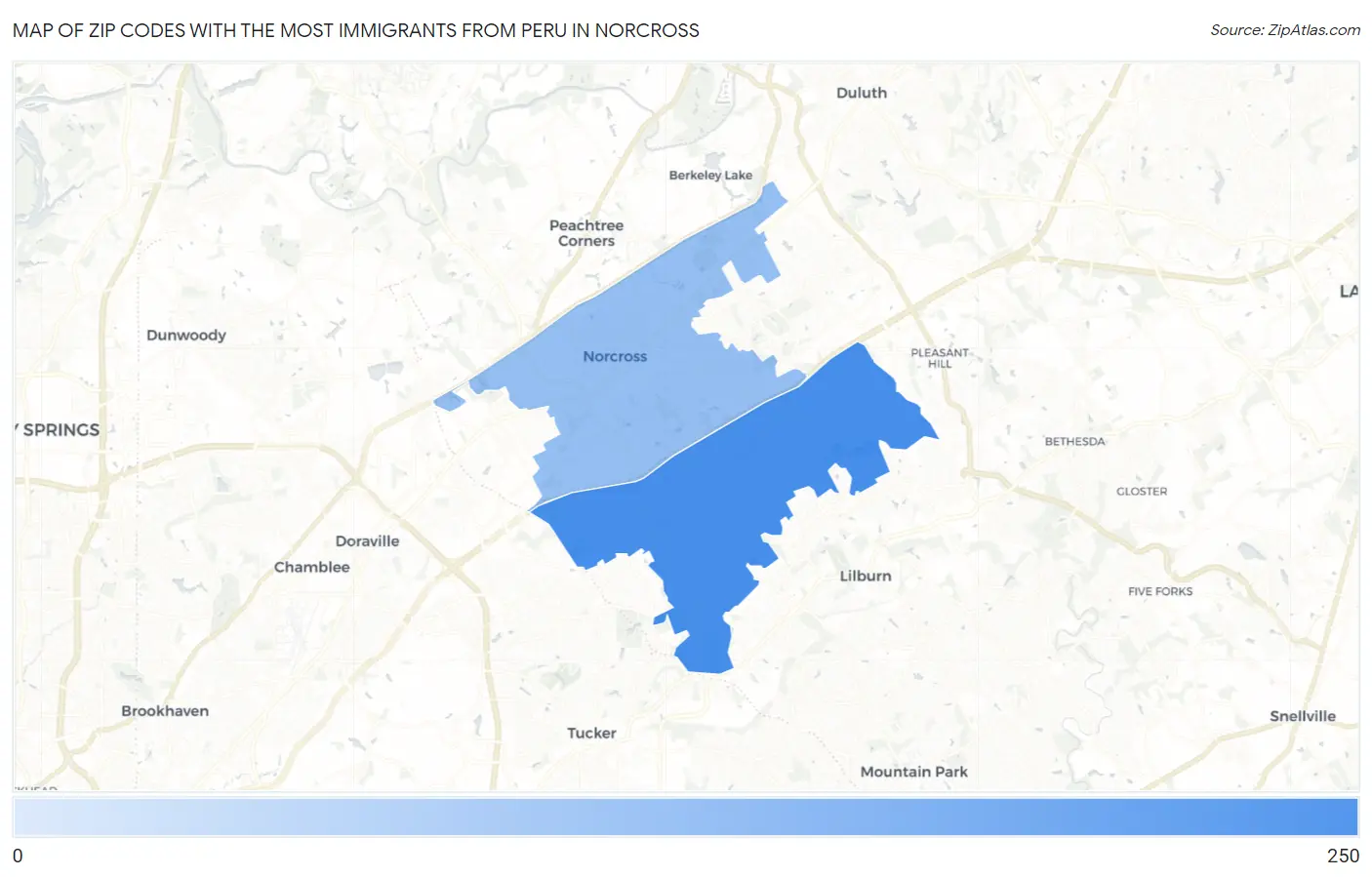 Zip Codes with the Most Immigrants from Peru in Norcross Map