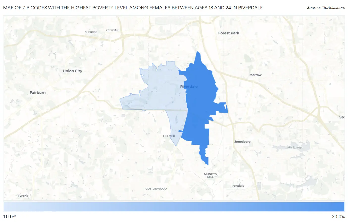 Zip Codes with the Highest Poverty Level Among Females Between Ages 18 and 24 in Riverdale Map