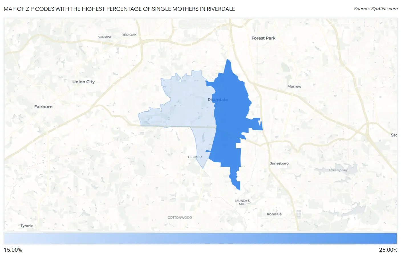 Zip Codes with the Highest Percentage of Single Mothers in Riverdale Map