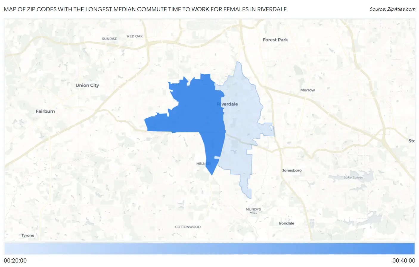 Zip Codes with the Longest Median Commute Time to Work for Females in Riverdale Map