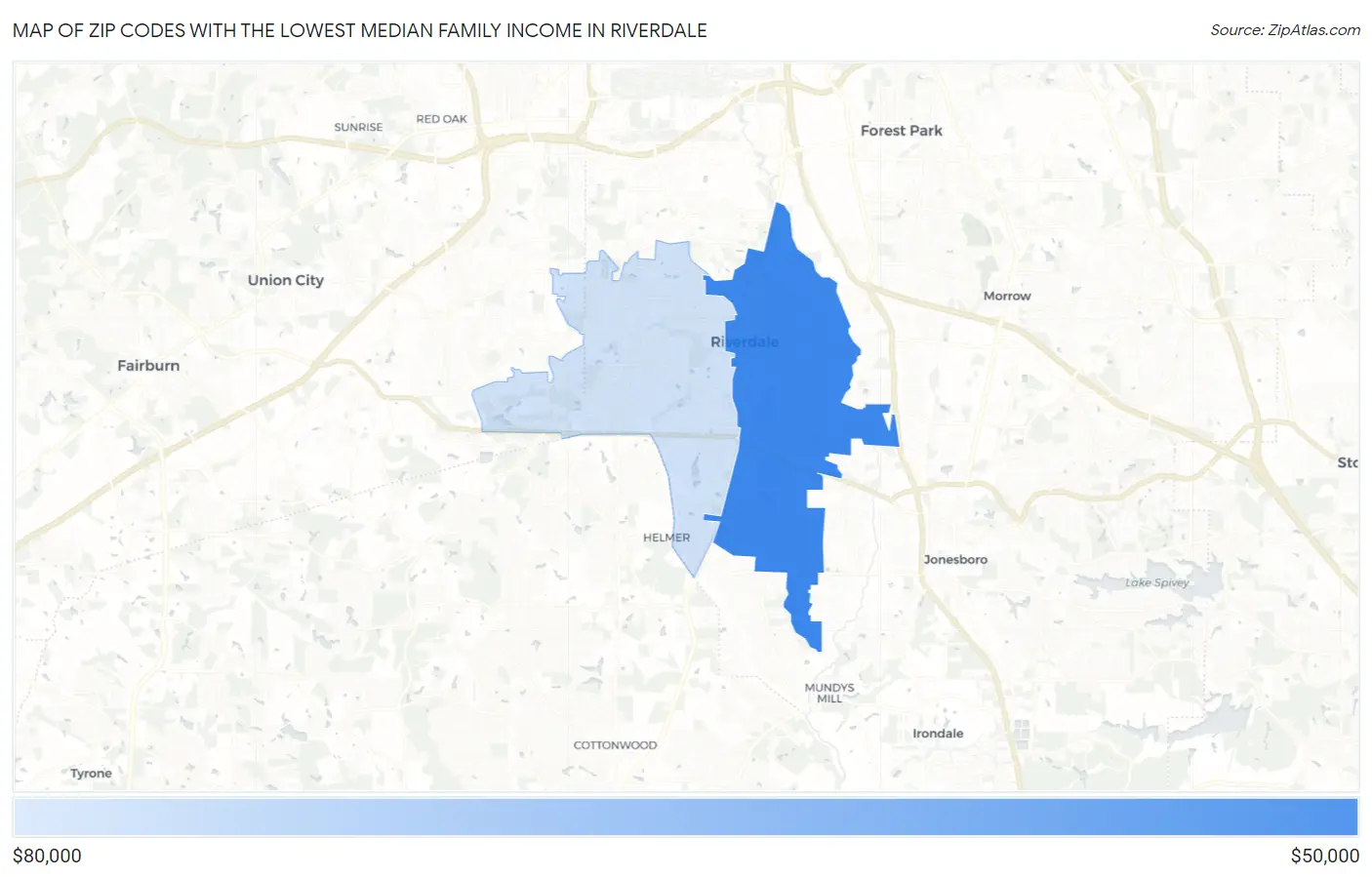 Zip Codes with the Lowest Median Family Income in Riverdale Map