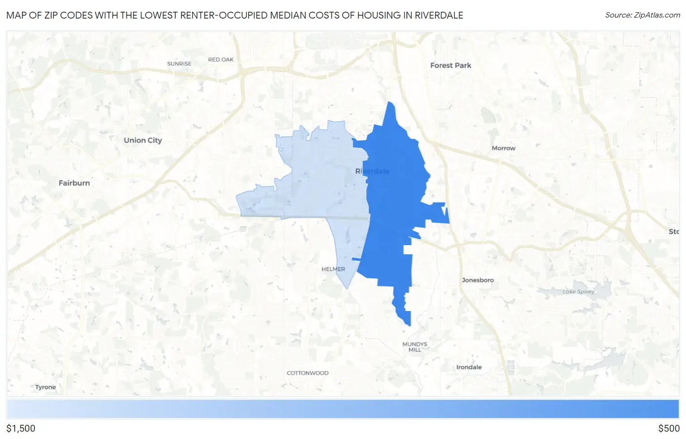 Zip Codes with the Lowest Renter-Occupied Median Costs of Housing in Riverdale Map