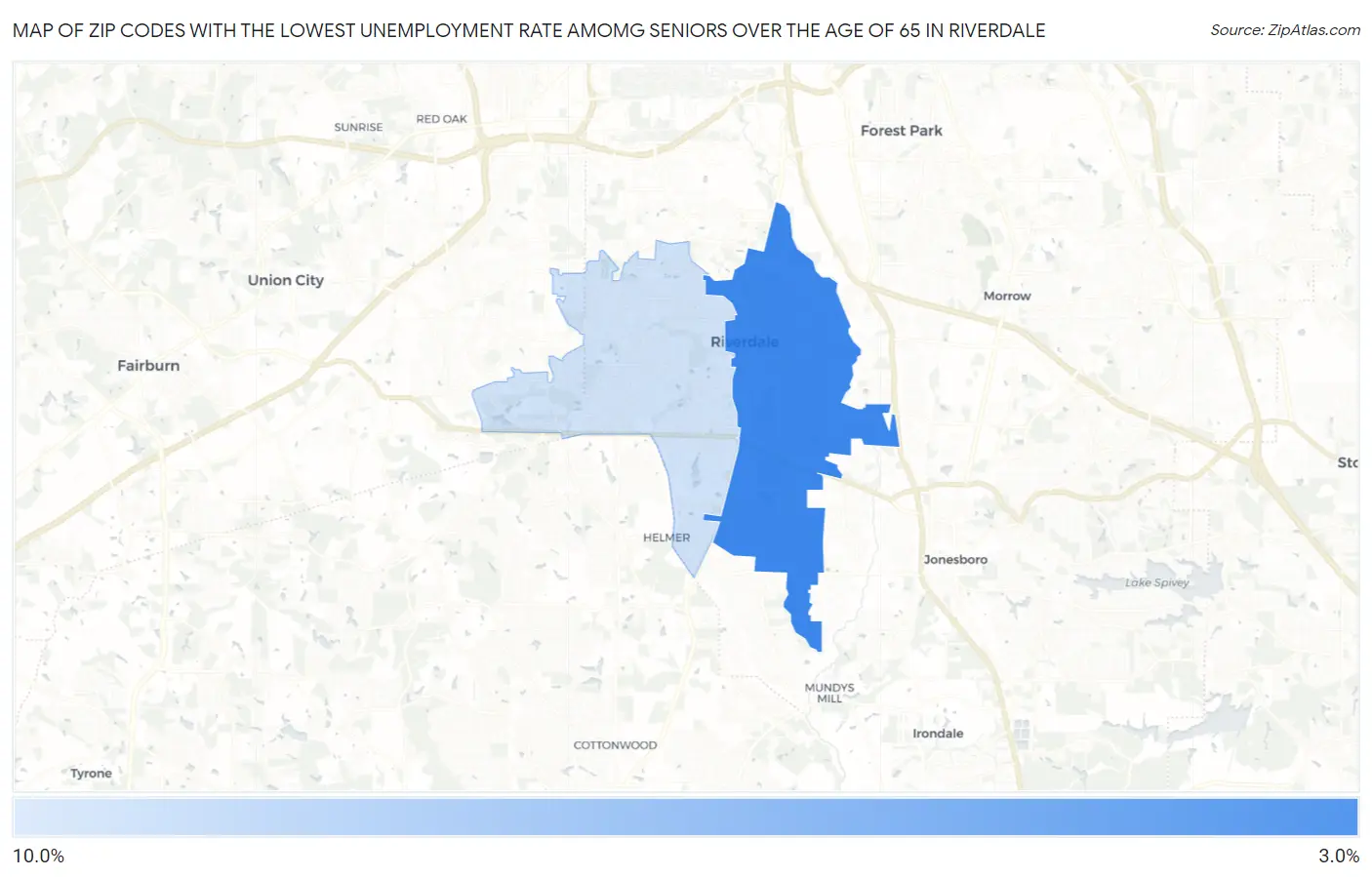 Zip Codes with the Lowest Unemployment Rate Amomg Seniors Over the Age of 65 in Riverdale Map