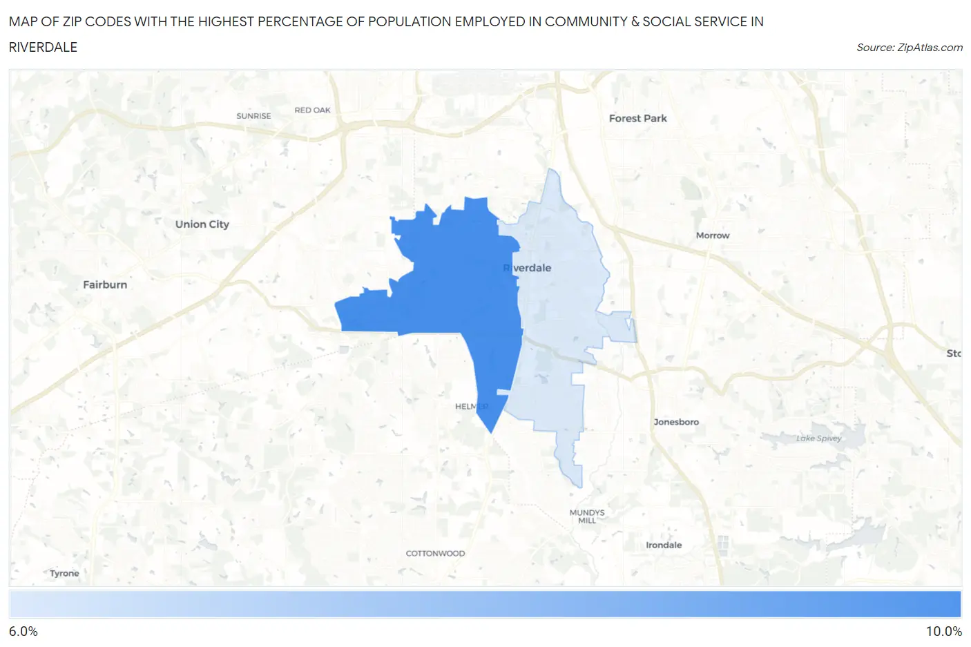 Zip Codes with the Highest Percentage of Population Employed in Community & Social Service  in Riverdale Map