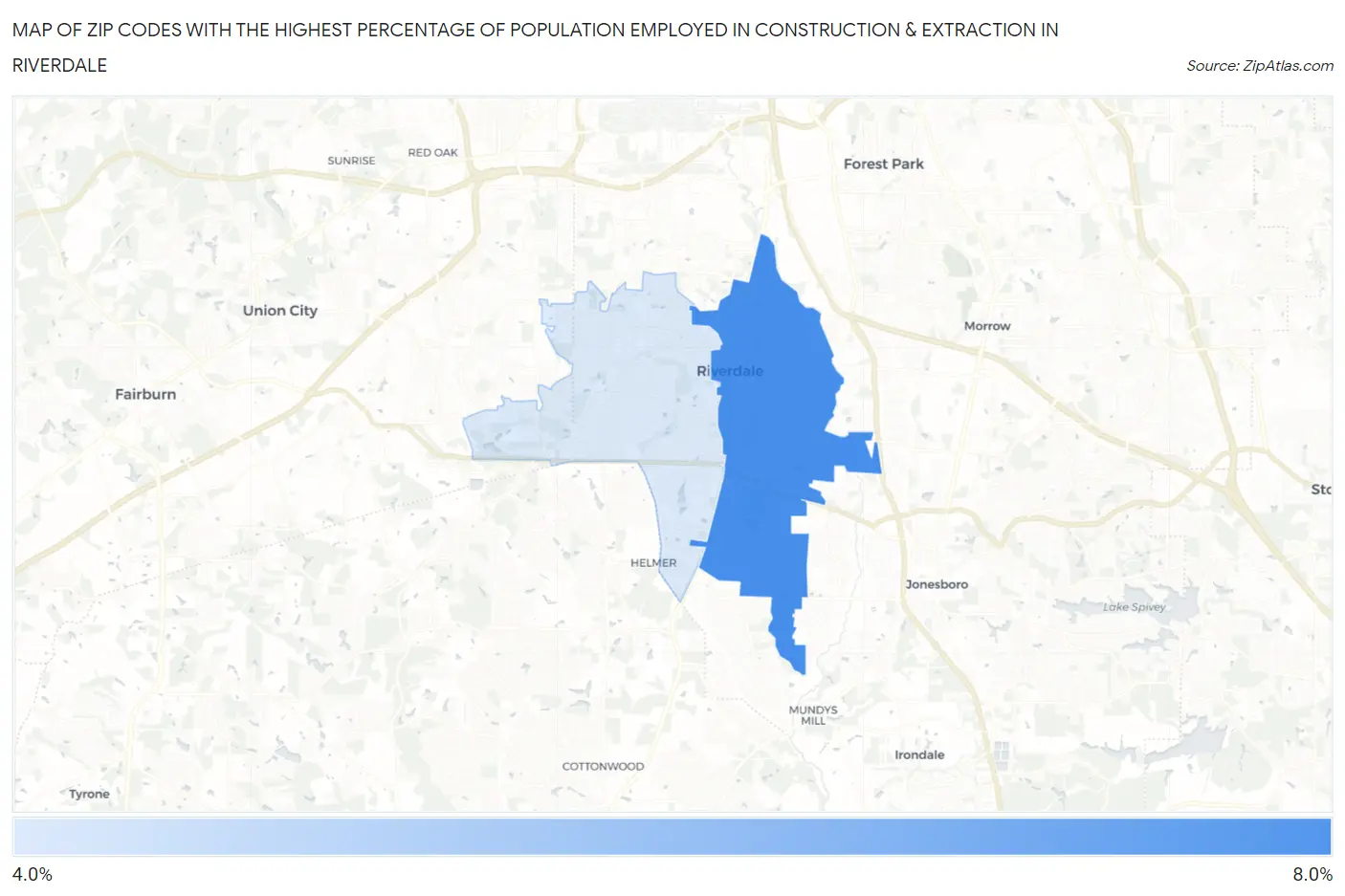 Zip Codes with the Highest Percentage of Population Employed in Construction & Extraction in Riverdale Map