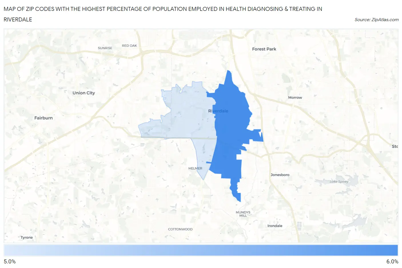 Zip Codes with the Highest Percentage of Population Employed in Health Diagnosing & Treating in Riverdale Map
