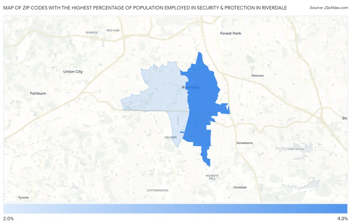 Zip Codes with the Highest Percentage of Population Employed in Security & Protection in Riverdale Map