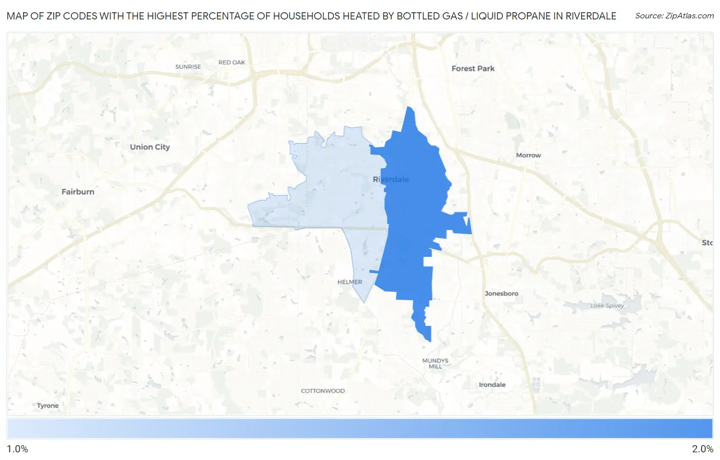 Zip Codes with the Highest Percentage of Households Heated by Bottled Gas / Liquid Propane in Riverdale Map