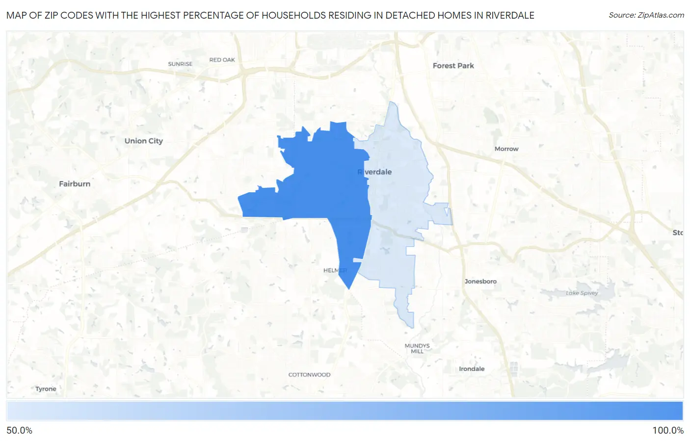 Zip Codes with the Highest Percentage of Households Residing in Detached Homes in Riverdale Map