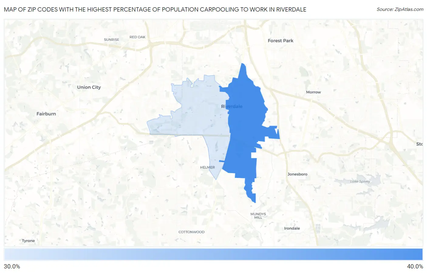Zip Codes with the Highest Percentage of Population Carpooling to Work in Riverdale Map