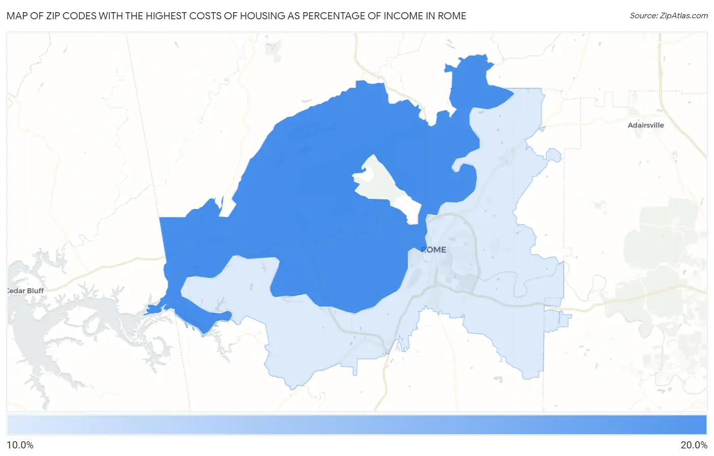 Zip Codes with the Highest Costs of Housing as Percentage of Income in Rome Map