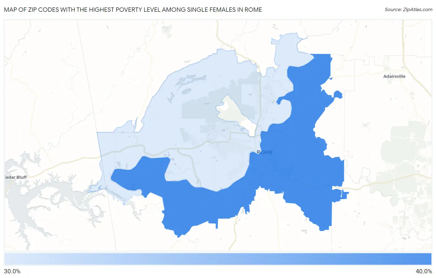 Zip Codes with the Highest Poverty Level Among Single Females in Rome Map