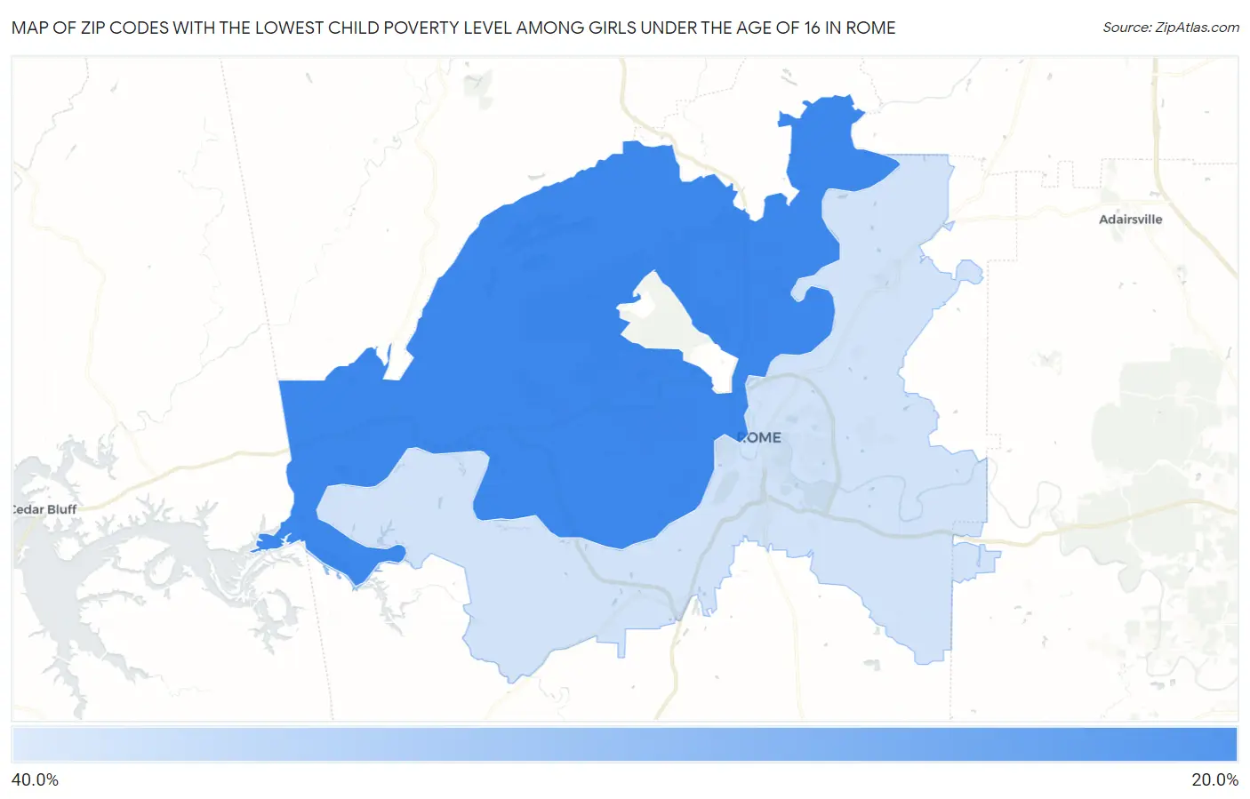 Zip Codes with the Lowest Child Poverty Level Among Girls Under the Age of 16 in Rome Map