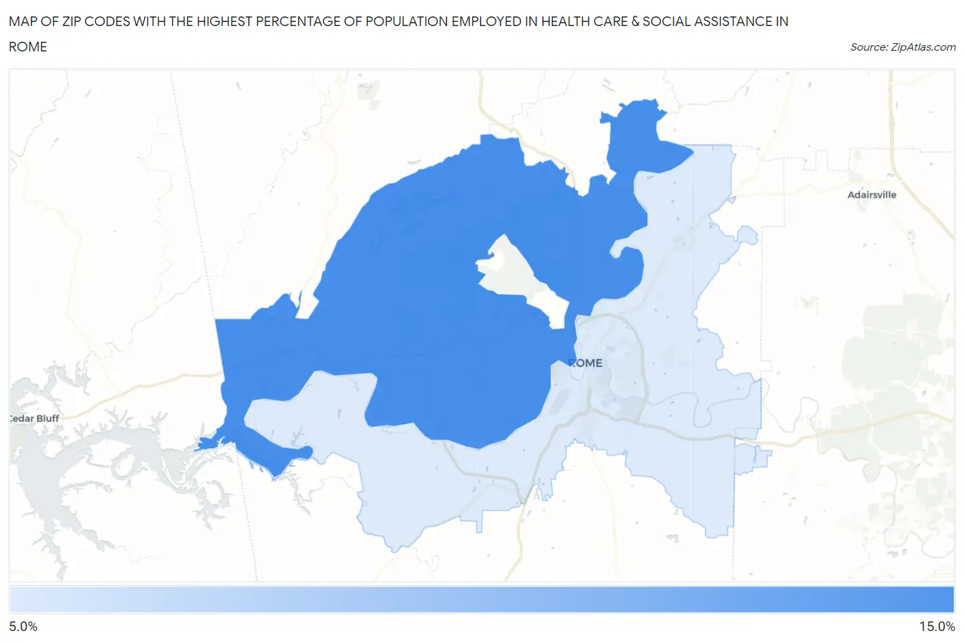 Zip Codes with the Highest Percentage of Population Employed in Health Care & Social Assistance in Rome Map