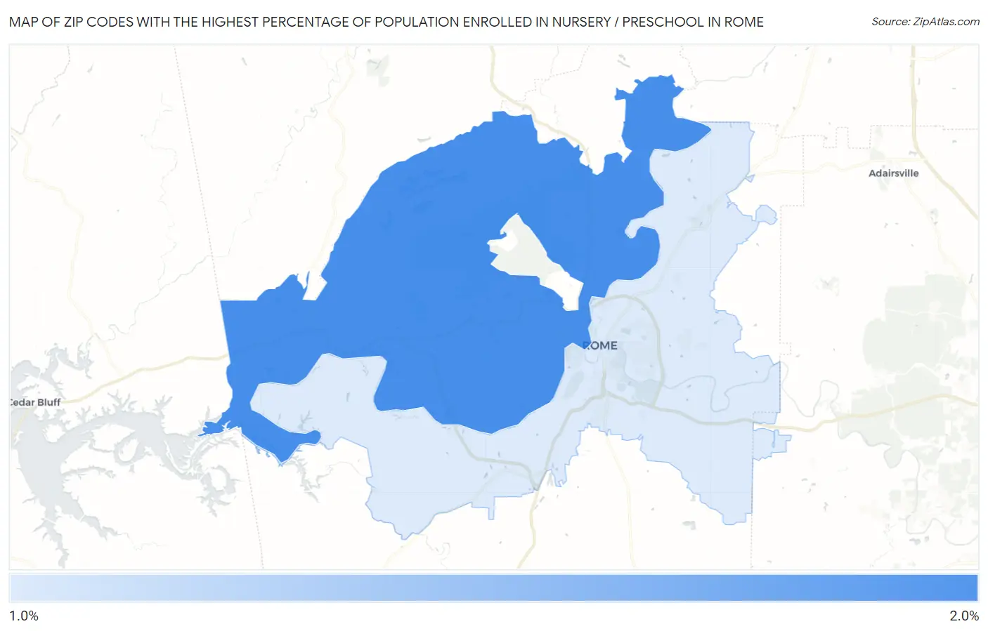 Zip Codes with the Highest Percentage of Population Enrolled in Nursery / Preschool in Rome Map