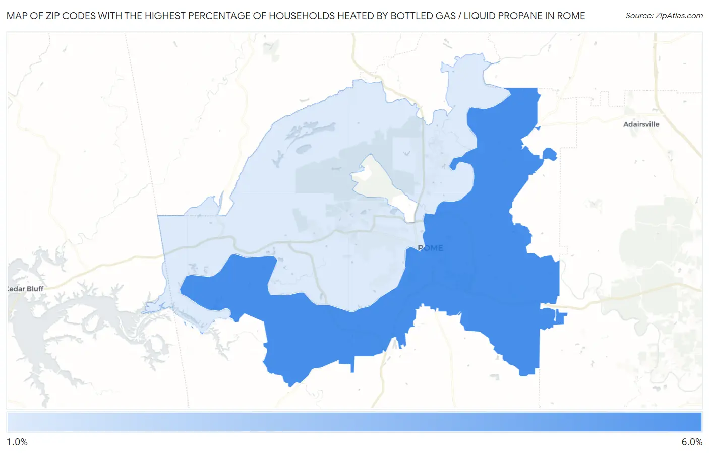 Zip Codes with the Highest Percentage of Households Heated by Bottled Gas / Liquid Propane in Rome Map