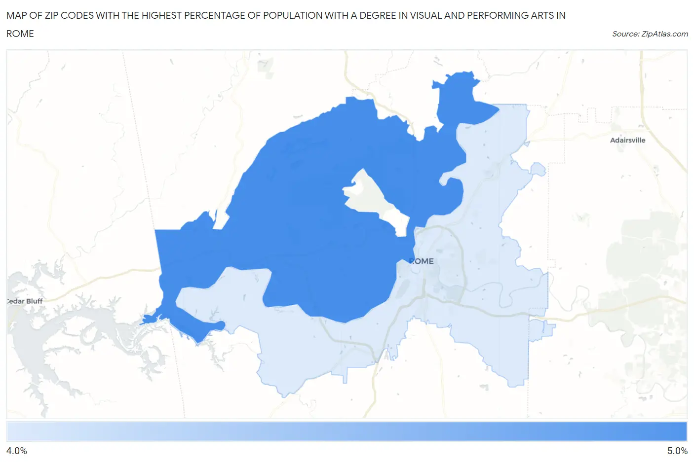 Zip Codes with the Highest Percentage of Population with a Degree in Visual and Performing Arts in Rome Map