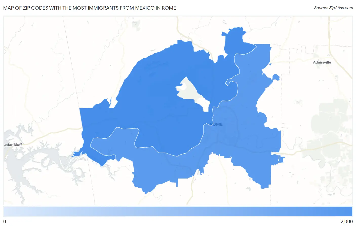 Zip Codes with the Most Immigrants from Mexico in Rome Map