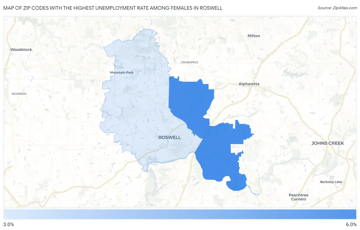 Zip Codes with the Highest Unemployment Rate Among Females in Roswell Map
