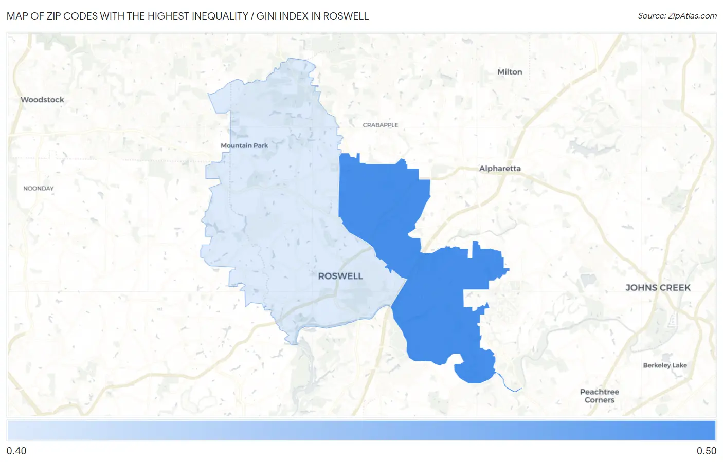 Zip Codes with the Highest Inequality / Gini Index in Roswell Map