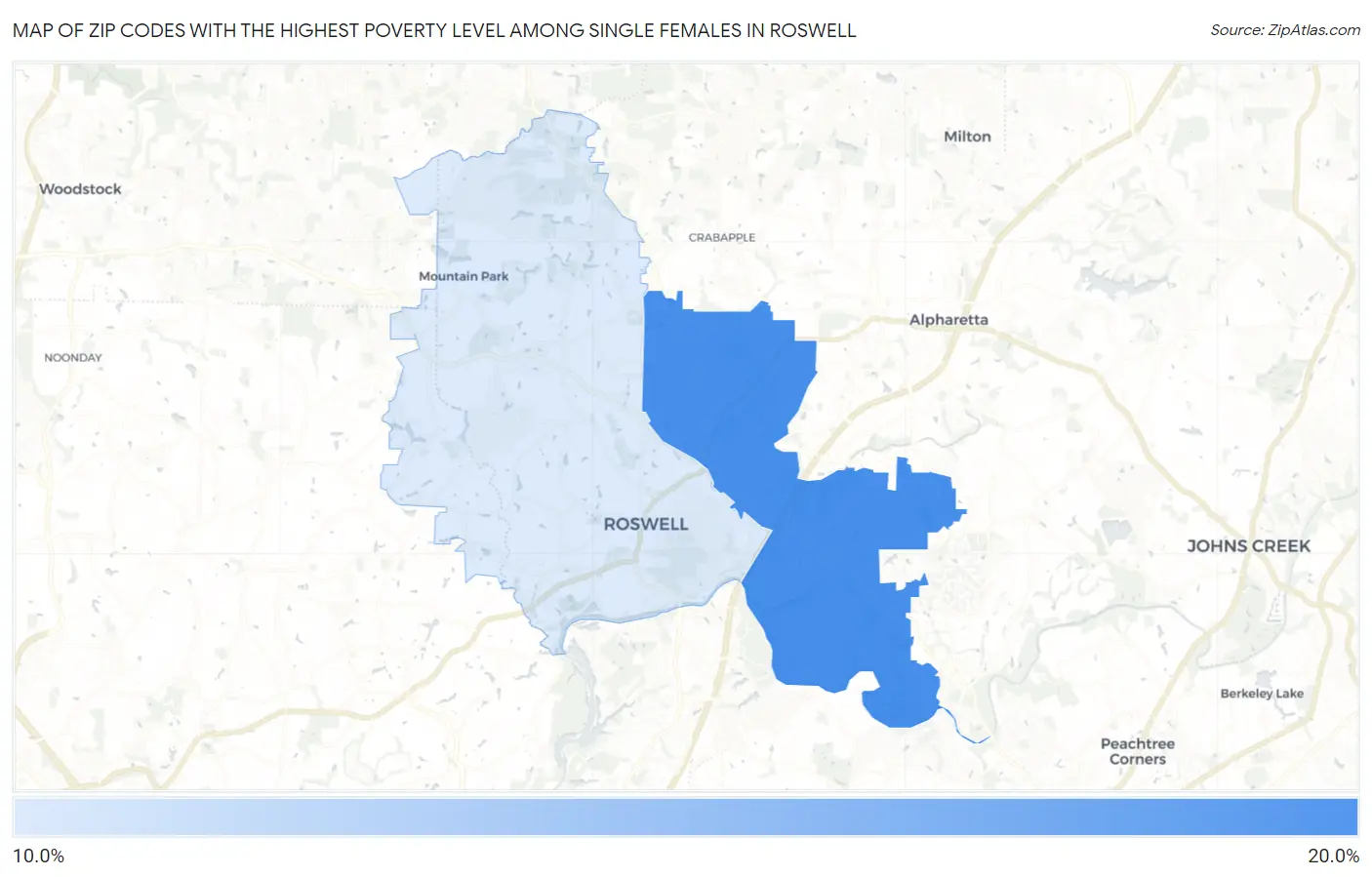 Zip Codes with the Highest Poverty Level Among Single Females in Roswell Map
