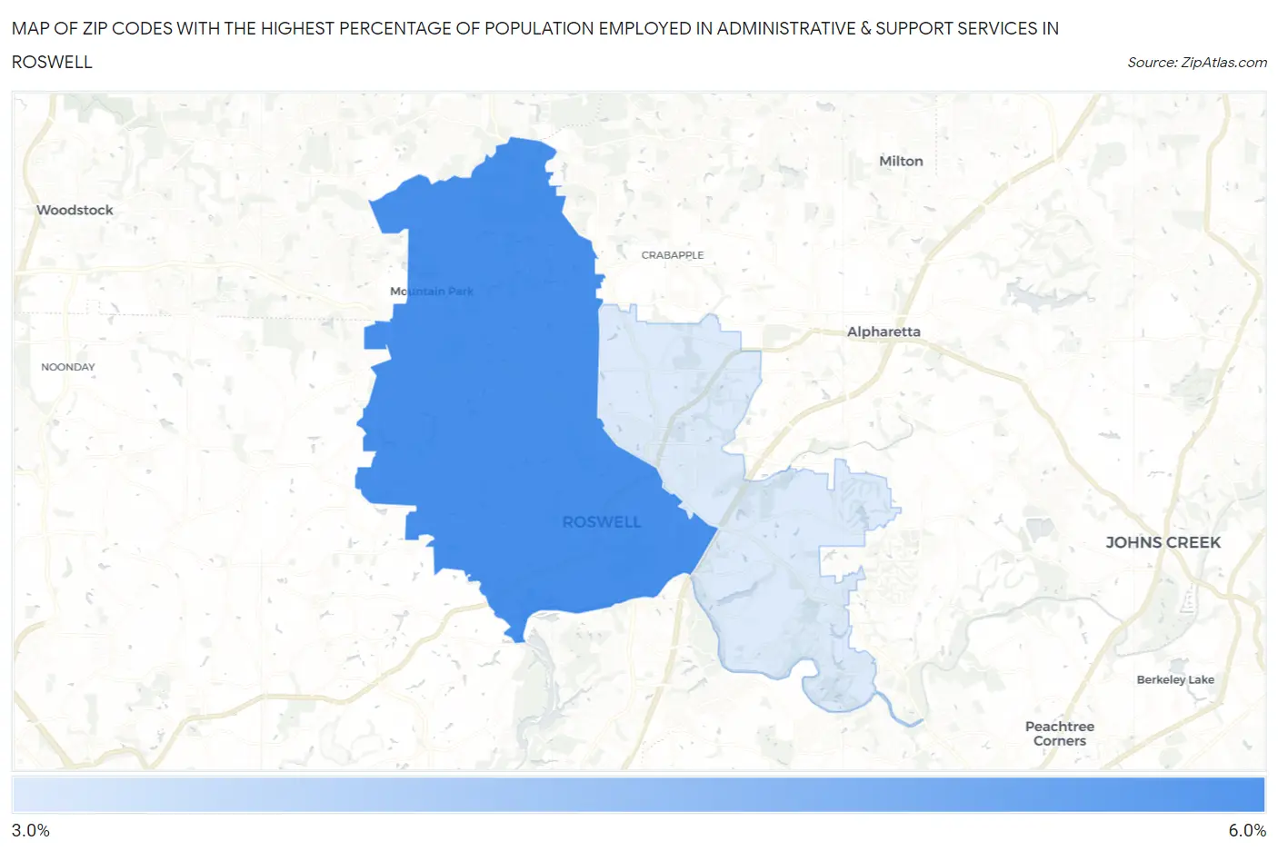 Zip Codes with the Highest Percentage of Population Employed in Administrative & Support Services in Roswell Map