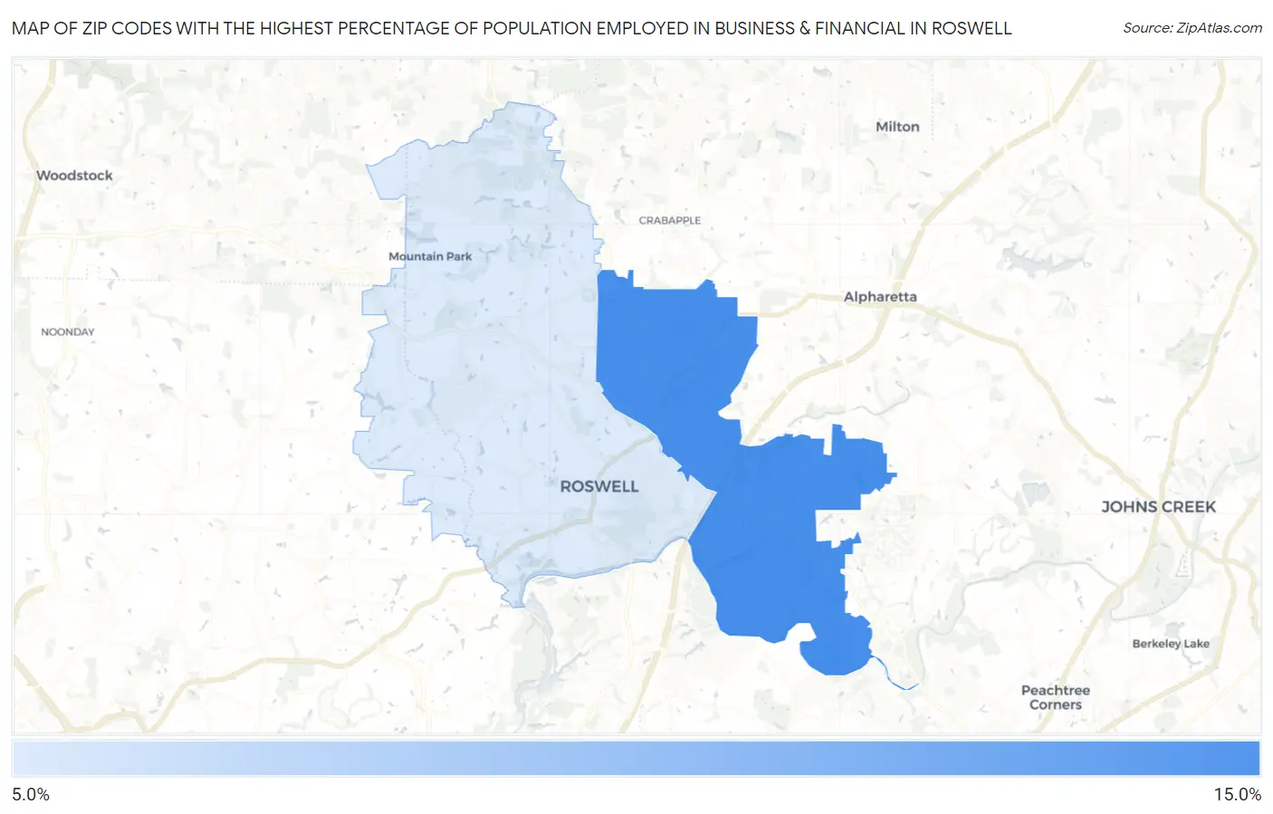 Zip Codes with the Highest Percentage of Population Employed in Business & Financial in Roswell Map