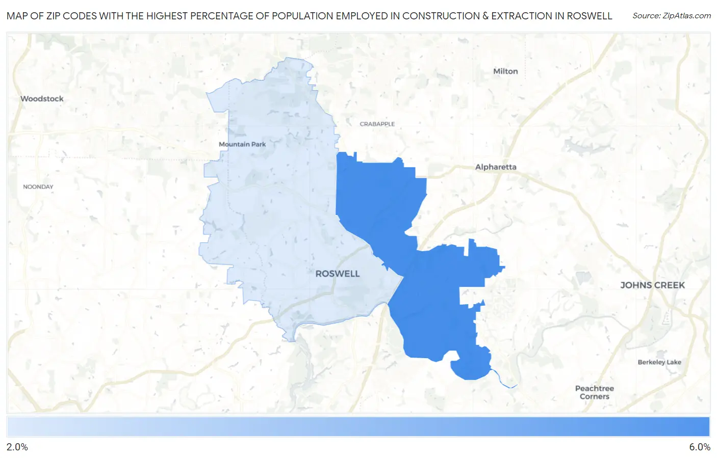 Zip Codes with the Highest Percentage of Population Employed in Construction & Extraction in Roswell Map