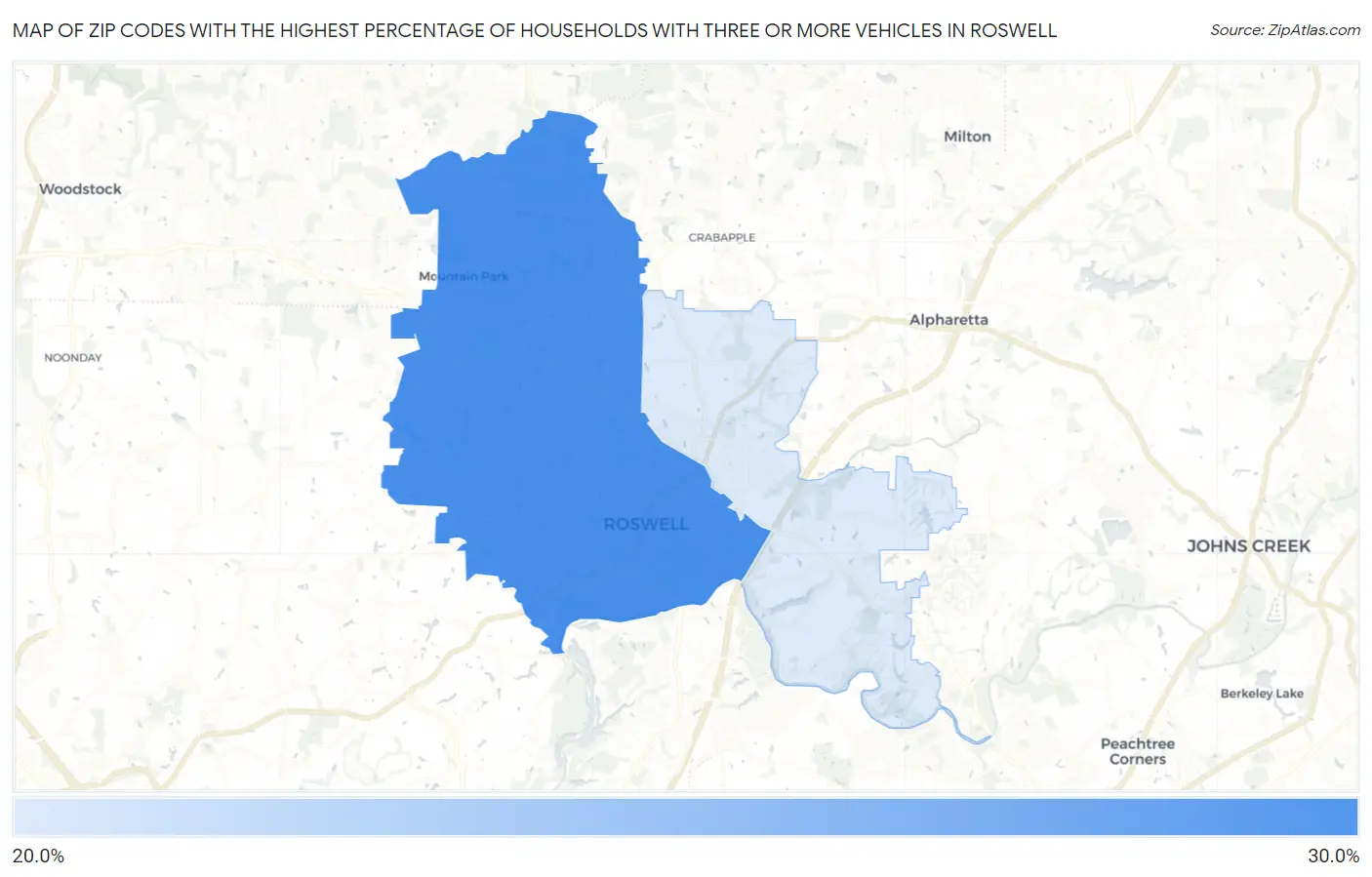 Zip Codes with the Highest Percentage of Households With Three or more Vehicles in Roswell Map