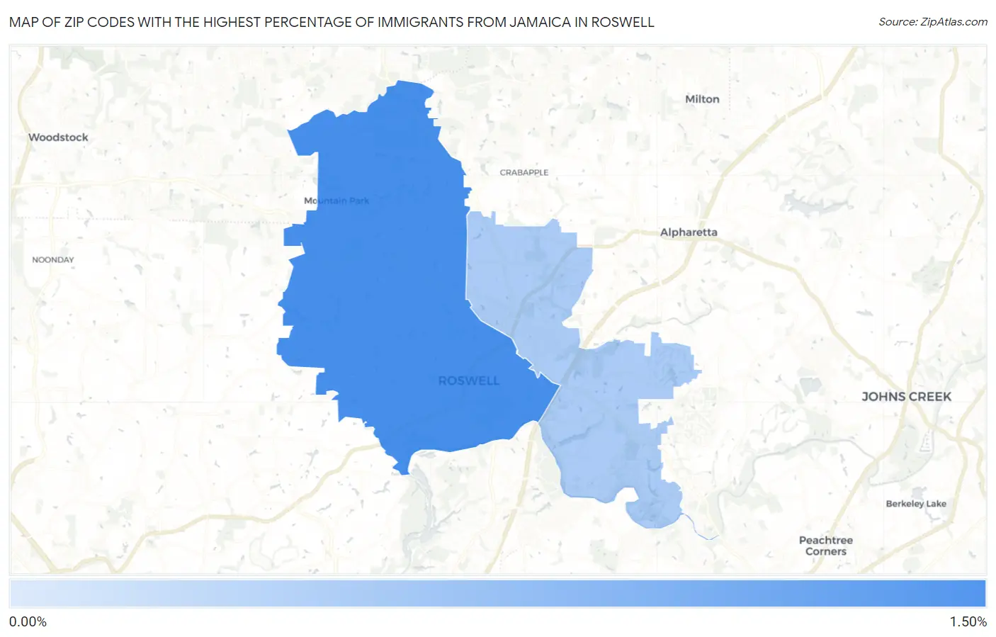 Zip Codes with the Highest Percentage of Immigrants from Jamaica in Roswell Map