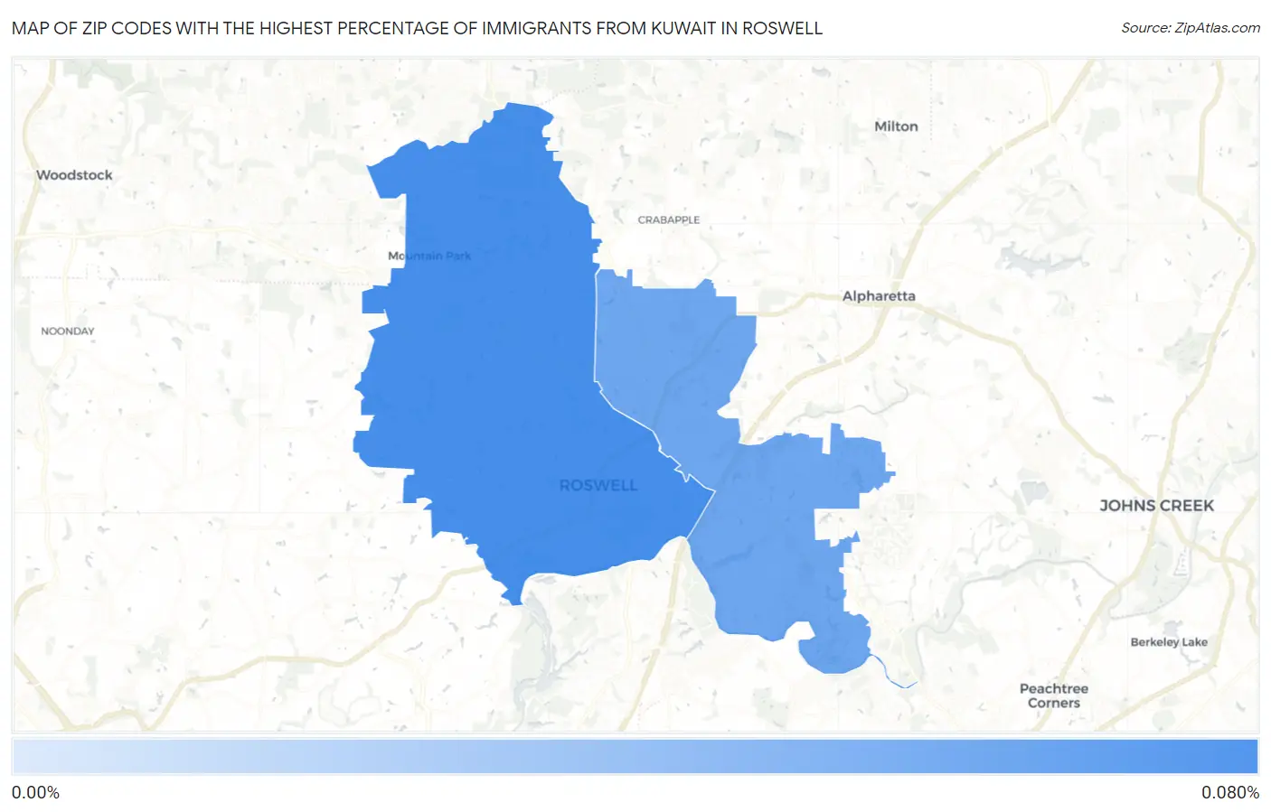 Zip Codes with the Highest Percentage of Immigrants from Kuwait in Roswell Map