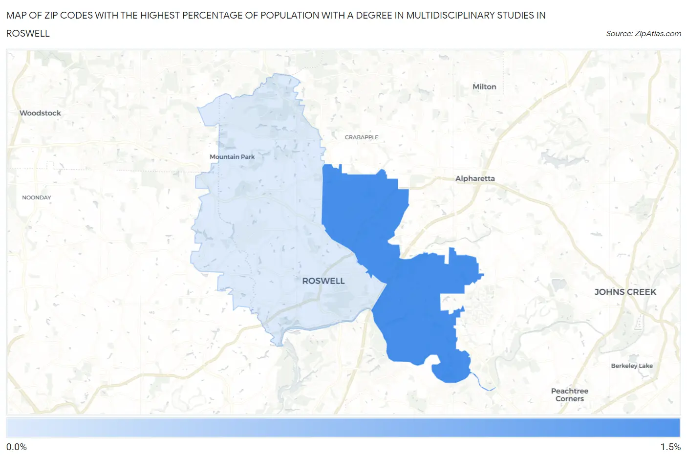 Zip Codes with the Highest Percentage of Population with a Degree in Multidisciplinary Studies in Roswell Map