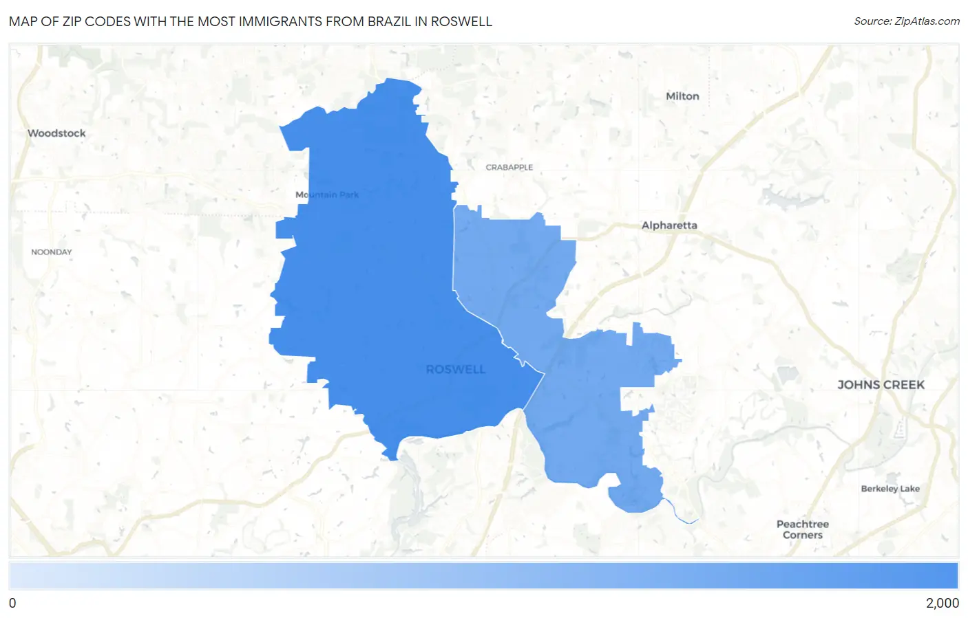 Zip Codes with the Most Immigrants from Brazil in Roswell Map