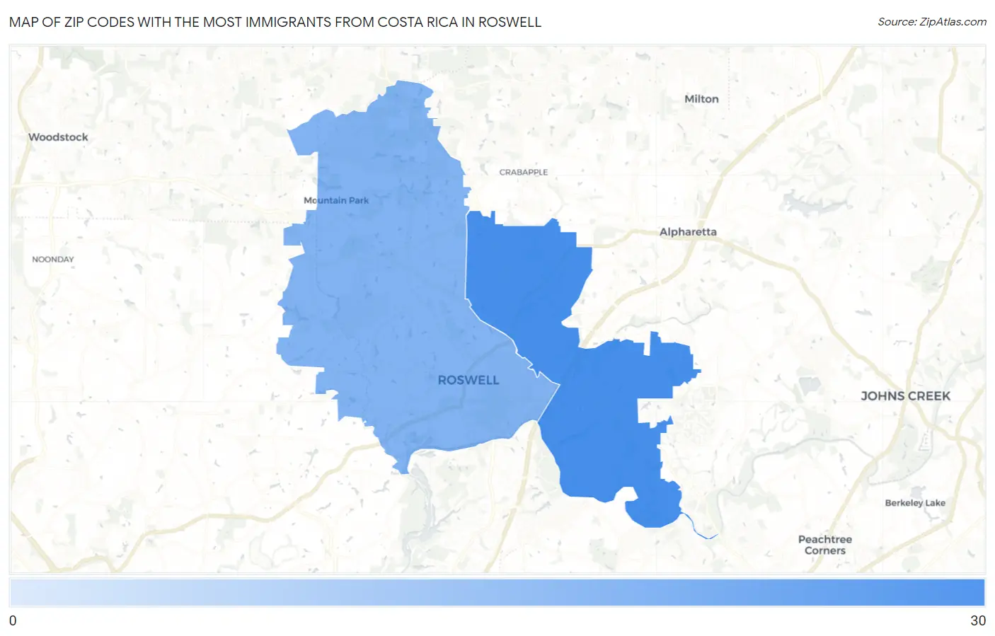 Zip Codes with the Most Immigrants from Costa Rica in Roswell Map