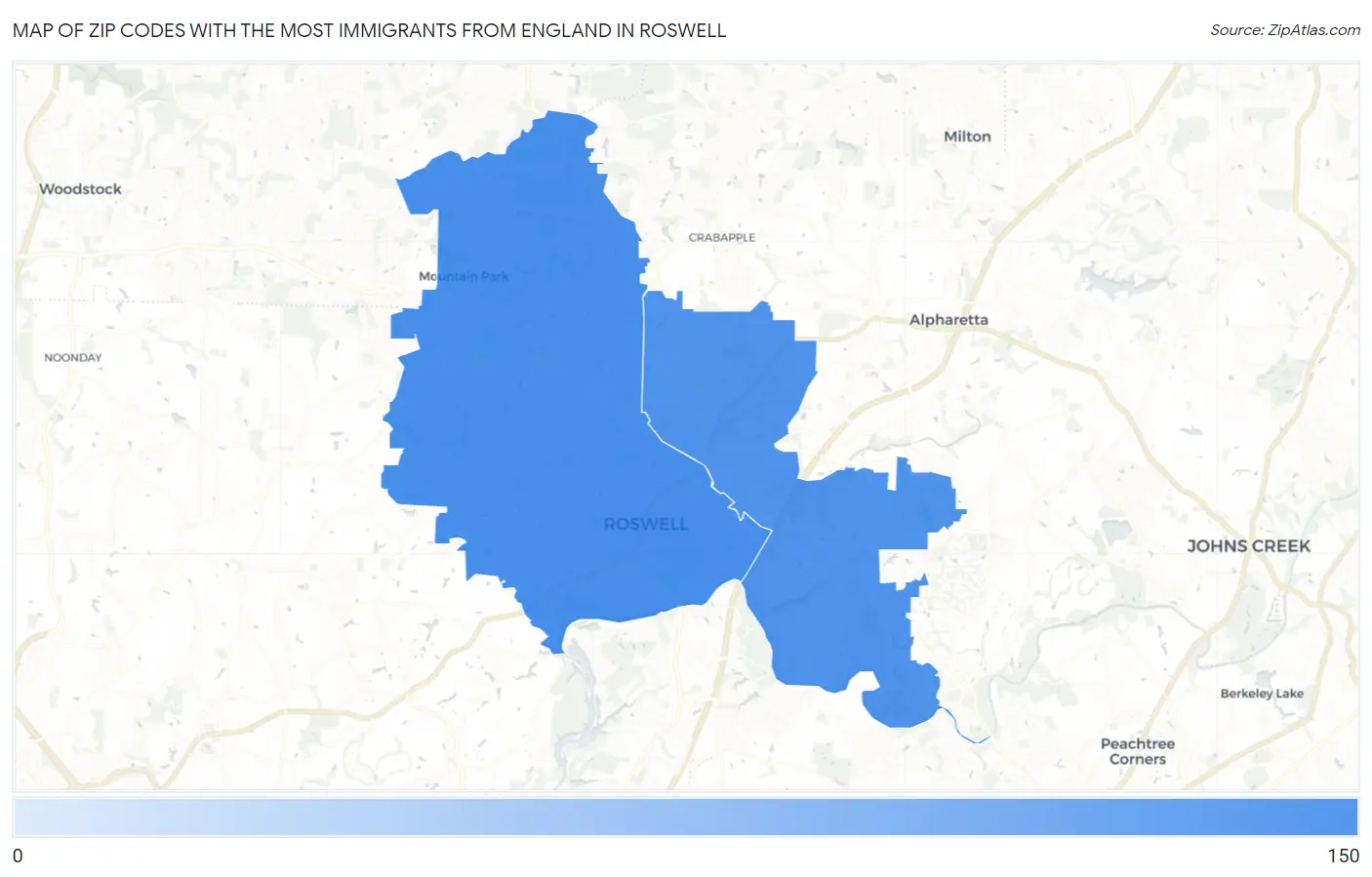 Zip Codes with the Most Immigrants from England in Roswell Map