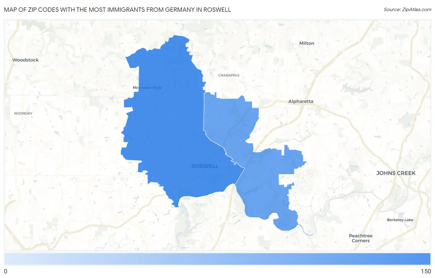 Zip Codes with the Most Immigrants from Germany in Roswell Map