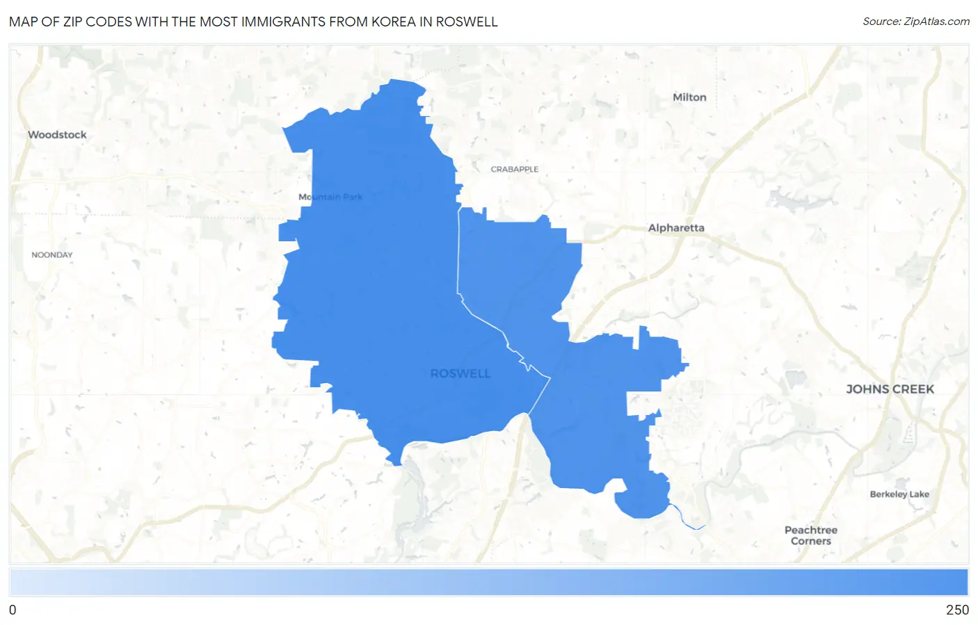 Zip Codes with the Most Immigrants from Korea in Roswell Map